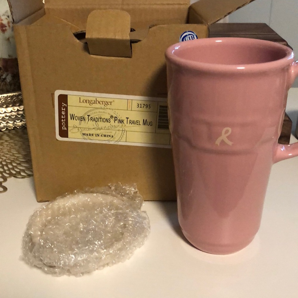 Longaberger Pink Ribbon Travel Mug NIB